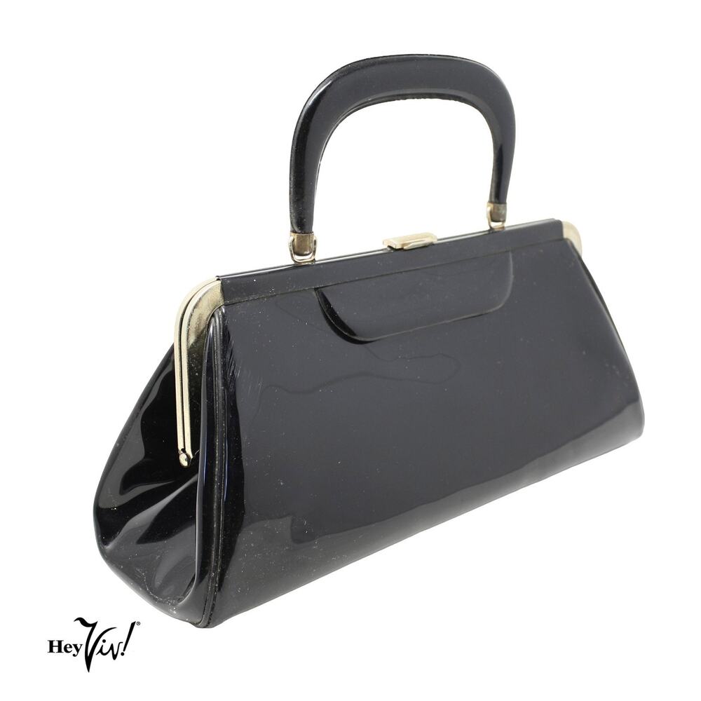 Vintage Black Patent Handbag Structured Frame Top Handle Purse 14" - Hey Viv